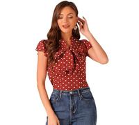 Allegra K Women's Polka Dots Office Shirt Ruffled Sleeve Tie Neck Blouse Red XL