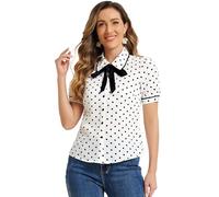 Allegra K Women's Polka Dots Peter Pan Collar Tie Neck Short Sleeve Shirt Top White XL