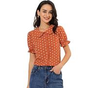 Allegra K Women's Polka Dots Ruffle Puff Sleeve Peter Pan Collar Button Up Vintage Shirt Tops Orange Red S-8