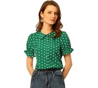 Allegra K Women's Polka Dots Shirt Short Puff Sleeve Vintage Button Up Peter Pan Collar Blouse Tops Dark Green M