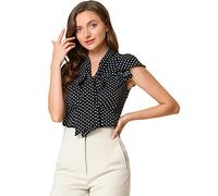Allegra K Women's Polka Dots Tie Neck Blouse Summer Ruffled Cap Sleeve Office Top, Black, L