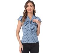 Allegra K Women's Polka Dots Tie Neck Blouse Summer Ruffled Cap Sleeve Office Top, Grey Blue, M