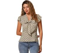 Allegra K Women's Polka Dots Tie Neck Blouse Summer Ruffled Cap Sleeve Office Top, Light Khaki, XL