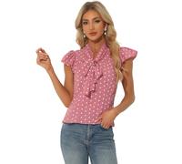 Allegra K Women's Polka Dots Tie Neck Blouse Summer Ruffled Cap Sleeve Office Top, Pink, L