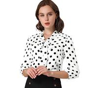 Allegra K Women's Printed Ruffle Shoulder Elastic Cuff Bow Tie Neck Blouse