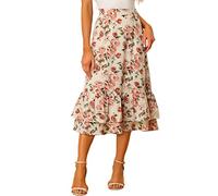Allegra K Women's Printed Skirt Chiffon Elastic Waist Ruffle Tiered Flowy Midi Skirt Beige Pink-Floral S