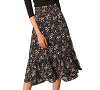 Allegra K Women's Printed Skirt Chiffon Elastic Waist Ruffle Tiered Flowy Midi Skirt Black-Floral 16