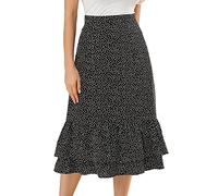 Allegra K Women's Printed Skirt Chiffon Elastic Waist Ruffle Tiered Flowy Midi Skirt Black-Heart 16