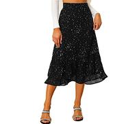 Allegra K Women's Printed Skirt Chiffon Elastic Waist Ruffle Tiered Flowy Midi Skirt Black-Star XS