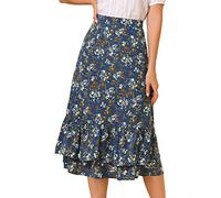 Allegra K Women's Printed Skirt Chiffon Elastic Waist Ruffle Tiered Flowy Midi Skirt Blue-Floral 20