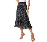 Allegra K Women's Printed Skirt Chiffon Elastic Waist Ruffle Tiered Flowy Midi Skirt Dark Blue Orange-Floral XS