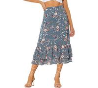 Allegra K Women's Printed Skirt Chiffon Elastic Waist Ruffle Tiered Flowy Midi Skirt Dusty Blue-Floral 20