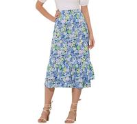 Allegra K Women's Printed Skirt Chiffon Elastic Waist Ruffle Tiered Flowy Midi Skirt Navy Blue-Floral XL