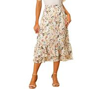 Allegra K Women's Printed Skirt Chiffon Elastic Waist Ruffle Tiered Flowy Midi Skirt White Yellow-Floral M