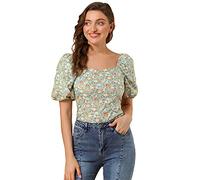 Allegra K Women's Puff Sleeve Tops Peasant Smocked Square Neck Floral Blouse, Green, L