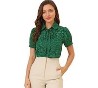 Allegra K Women's Retro Blouses Printed Bow Tie Peter Pan Collar Chiffon Blouse Dark Green-Dots XL