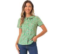 Allegra K Women's Retro Peter Pan Collar Button Front Floral Print Blouse Green Pink L