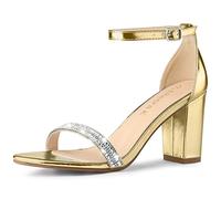 Allegra K Women's Rhinestone Ankle Strap Chunky Heels Sandals Gold 4 UK/Label Size 6 US