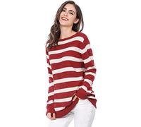 Allegra K Women's Round Neck Drop Shoulder Tunic Striped Sweater Red 16