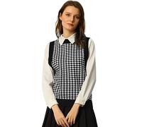 Allegra K Women's Round Neck Vest Sleeveless Houndstooth Plaid Knitted Sweater, Black, XL