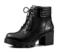 Allegra K Women's Round Toe Chunky Heel Lace Up Zipper Combat Boots Black 6 UK/Label Size 8.5 US
