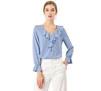 Allegra K Women's Ruffle V Neck Chiffon Blouse Bracelet Sleeve Vintage Peasant Top Baby Blue M-12