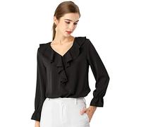 Allegra K Women's Ruffle V Neck Chiffon Blouse Bracelet Sleeve Vintage Peasant Top Black L-16