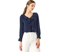 Allegra K Women's Ruffle V Neck Chiffon Blouse Bracelet Sleeve Vintage Peasant Top Dark Blue L-16