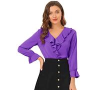 Allegra K Women's Ruffle V Neck Chiffon Blouse Bracelet Sleeve Vintage Peasant Top Dark Purple S-8