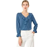 Allegra K Women's Ruffle V Neck Chiffon Blouse Bracelet Sleeve Vintage Peasant Top Dusty Blue M-12