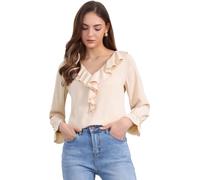 Allegra K Women's Ruffle V Neck Chiffon Blouse Bracelet Sleeve Vintage Peasant Top Light Beige L