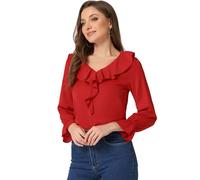Allegra K Women's Ruffle V Neck Chiffon Blouse Bracelet Sleeve Vintage Peasant Top Red XL