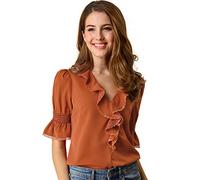 Allegra K Women's Ruffle V Neck Half Bell Sleeve Blouse Summer Vintage Chiffon Peasant Top Brown Red 20