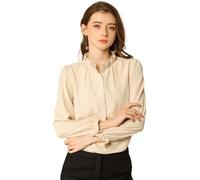 Allegra K Women's Ruffled Button Down Shirts 1950's Vintage Long Sleeve Mock Neck Chiffon Blouse, Apricot, M