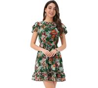 Allegra K Women's Ruffled Sleeve Self-Tie V Neck Chiffon A-Line Floral Ruffle Dress Emerald Green XS