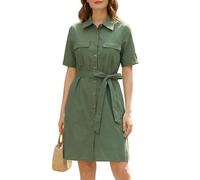 Allegra K Women's Safari Dress Collared Short Sleeve Cotton Belted Button Down Shirt Dresses, Army Green, M