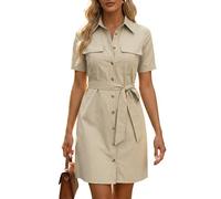 Allegra K Women's Safari Dress Collared Short Sleeve Cotton Belted Button Down Shirt Dresses, Beige, S