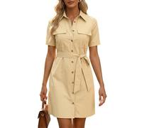 Allegra K Women's Safari Dress Collared Short Sleeve Cotton Belted Button Down Shirt Dresses, Khaki, S