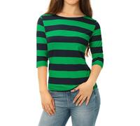 Allegra K Women's Saint Patrick's Day Elbow Sleeves Top Casual Boat Neck Slim Fit Stripe T-Shirt Dark Green 8