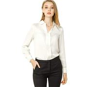 Allegra K Women's Satin Blouse Elegant V Neck Long Sleeve Silky Dressy Office Work Shirt 2024, White, XL
