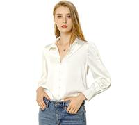 Allegra K Women's Satin Blouse Puff Sleeve Point Collar Vintage Button Up Shirt, White, S