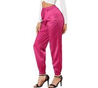 Allegra K Women's Satin Pants Drawstring Elastic Waist Straight Leg Ankle Length Dressy Joggers with Pocket, Hot Pink, XL