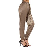 Allegra K Women's Satin Pants Drawstring Elastic Waist Straight Leg Ankle Length Dressy Joggers with Pocket, Tan, S