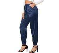 Allegra K Women's Satin Pants Drawstring Elastic Waist Straight Leg Ankle Length Dressy Joggers with Pocket, Royal Blue, XL
