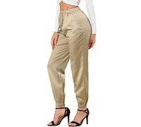Allegra K Women's Satin Pants Drawstring Elastic Waist Straight Leg Ankle Length Dressy Joggers with Pocket, Khaki, S