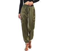 Allegra K Women's Satin Pants Tie Elastic High Waist Shiny Silky Dressy Satin Cargo Joggers, Green, Large