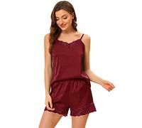 Allegra K Women's Satin Sexy Lingerie Lace Trim Cami Tops Shorts Sleepwear Pajamas Sets Wine Red L