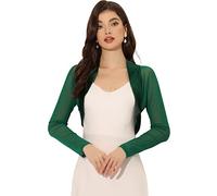 Allegra K Women's Satin Shrugs Elegant Mesh Panel Sleeve Open Front Party Crop Cardigan Dark Green M