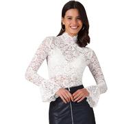 Allegra K Women's See Through Lace Top Gothic High Neck Bell Long Sleeve Sheer Mesh Tops White S