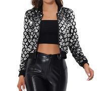 Allegra K Womens Sequin Bomber Jacket Long Sleeve Cropped Zip Up Shiny Party Sparkly Coat, Silver, M